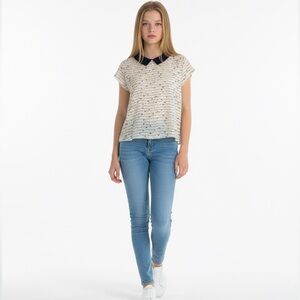 Color of Love Sheer Heart Print Blouse XL Peter Pan Collar Bow Buttons Top